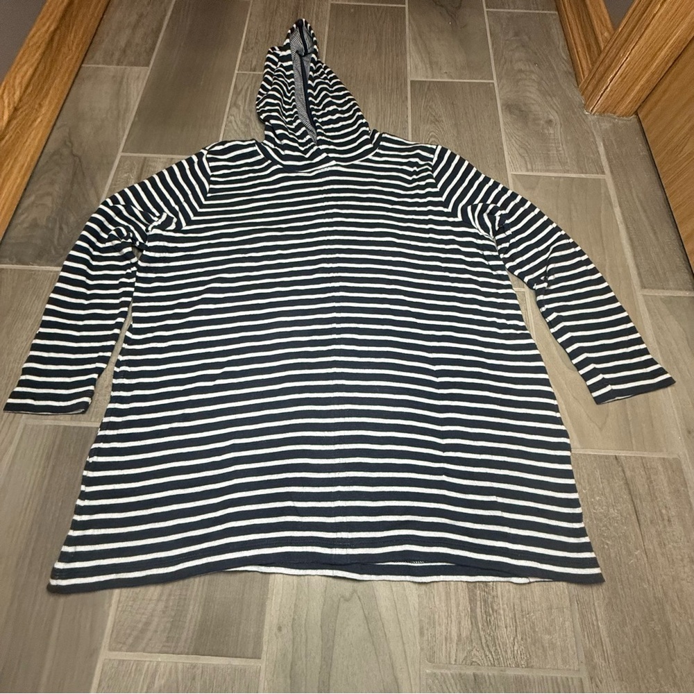 J. Jill Women’s Large Navy and White Striped Hoodied Tunic Top Long Sleeve
